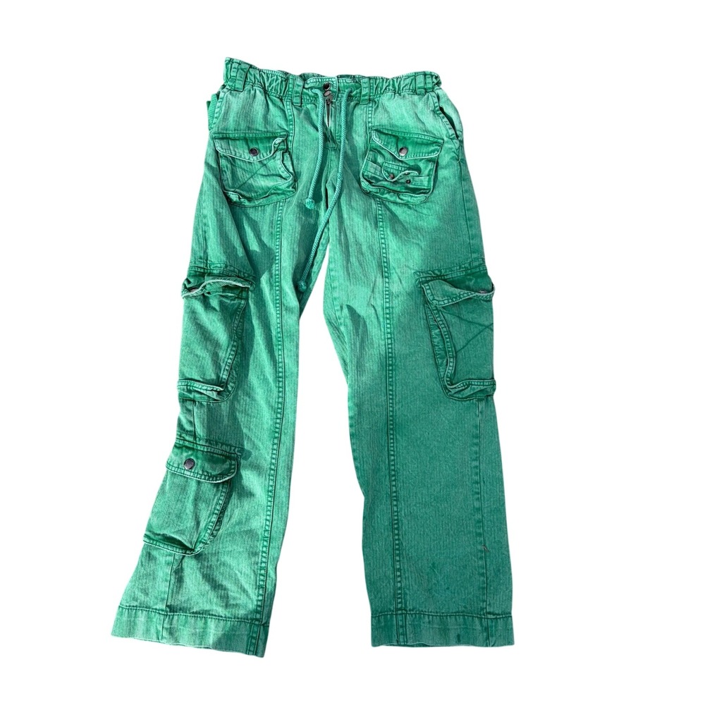 Free People Green Herringbone Cargo Pants High Rise Multi Pocket Utility Womens
